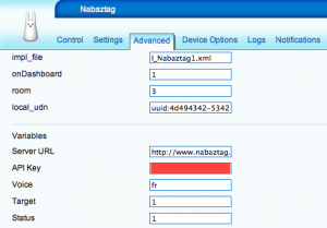 Ecran de configuration Nabaztag Controller